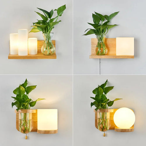 applique murale nordique bois plante verte abat-jour verre led