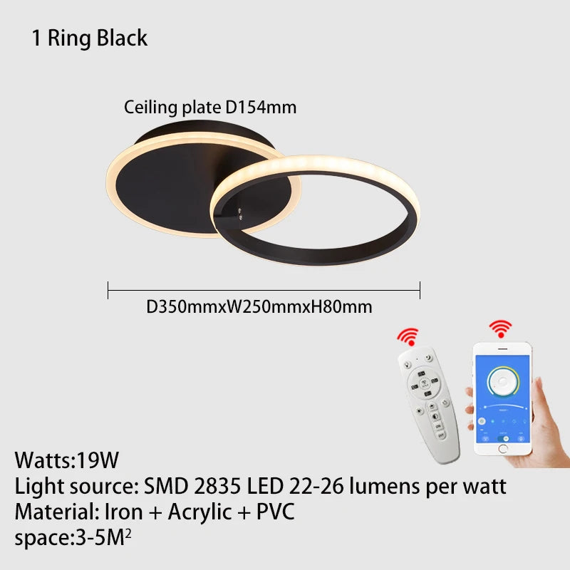 Lustre Led moderne anneau Led plafonniers salon chambre lumières plafond noir/blanc 1-5 anneau d'éclairage APP/lustre à distance - vue 8 sur 16