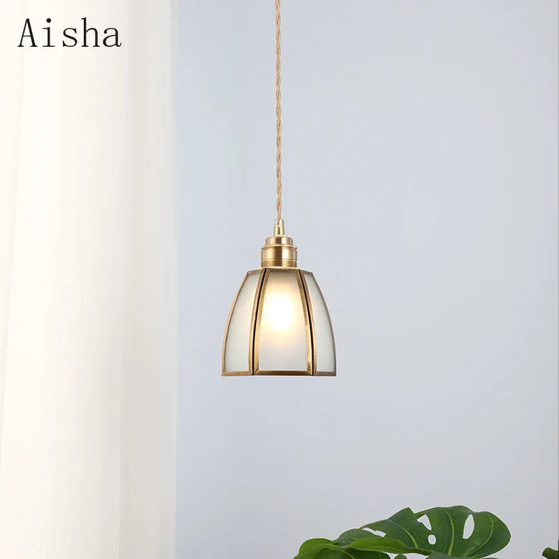 suspension vintage en verre japonais et cuivre design nordique - vue 6 sur 10