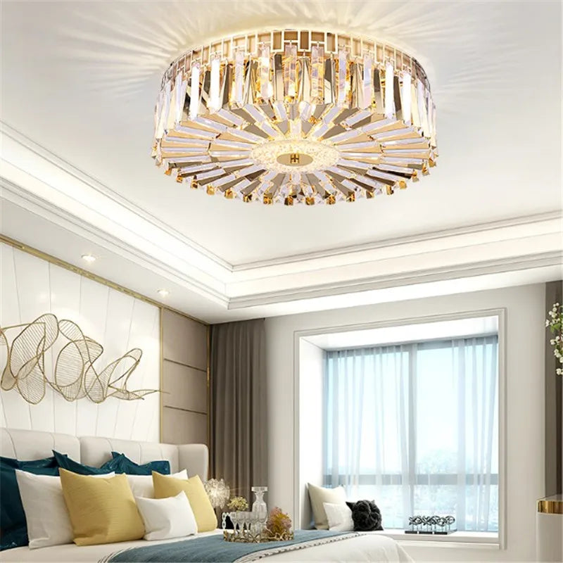 plafonnier moderne rond en cristal doré pour intérieur élégant - vue 5 sur 6