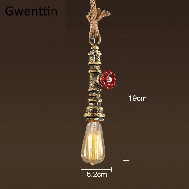 Vintage steampunk pendant light in industrial pipe and hemp rope - vue 9 sur 11