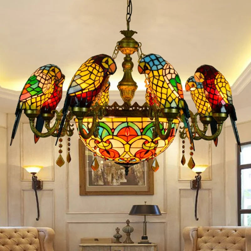 lustre tiffany vitrail lumineux oiseau perroquet design élégant intérieur - vue 6 sur 14