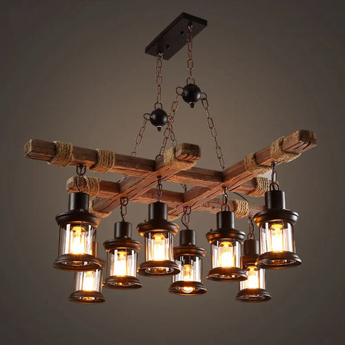 lustre industriel rétro en bois et fer avec 8 lampes