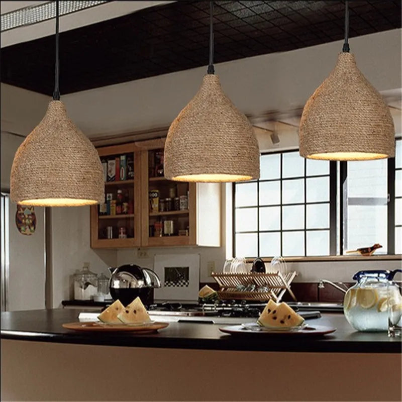 Vintage hemp rope pendant light for industrial loft - vue 6 sur 6