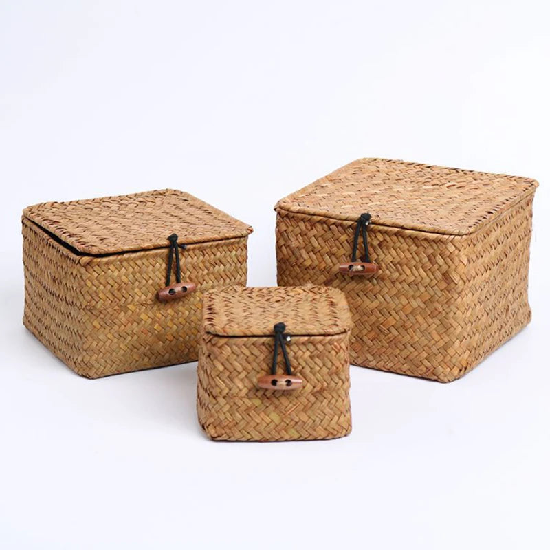 panier de rangement en algues tissé à la main avec couvercle - vue 4 sur 14