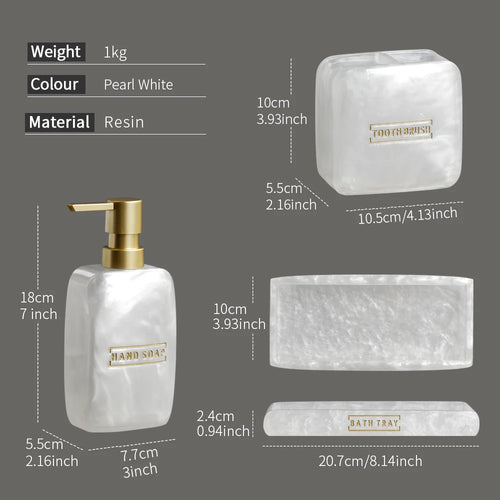 Bathroom Accessories White Pearl Look Bathroom Vanity Countertop Accessory Set,Soap Dispenser,Toothbrush Holder Set,Tray - vue 7 sur 7