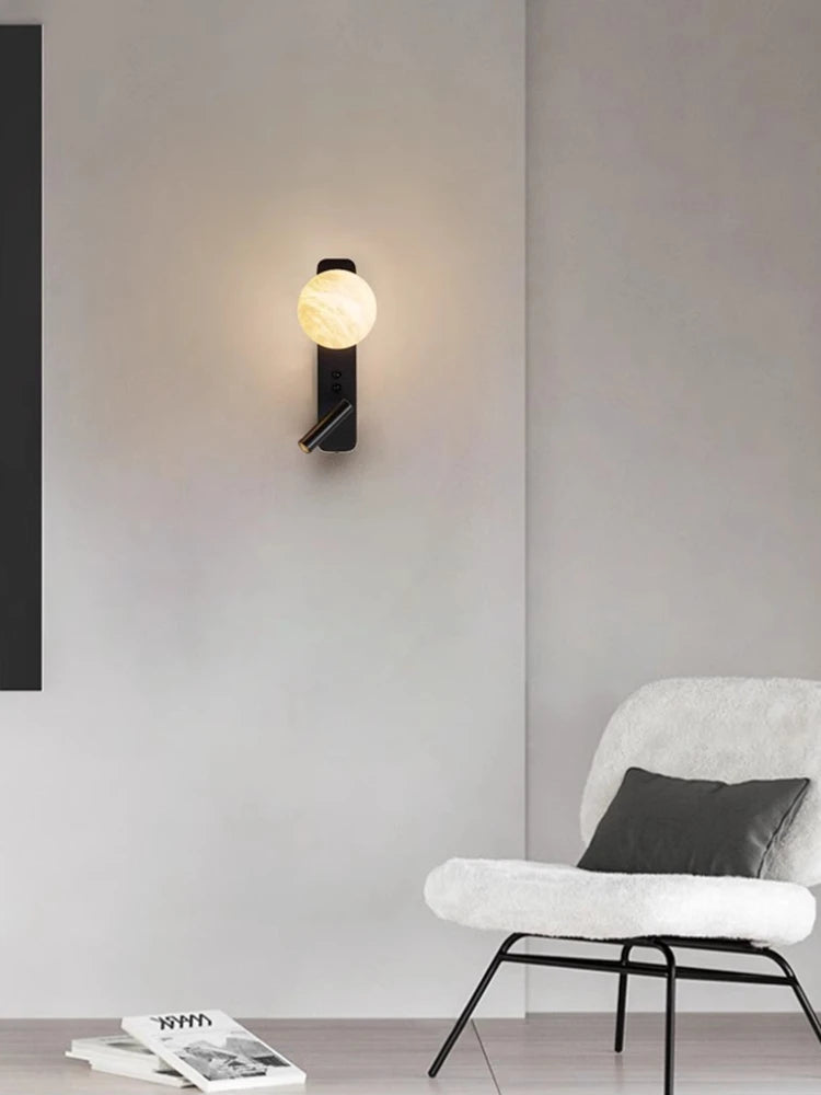 Modern Minimalist Black Rotatable All Copper Natural Marble Wall Lamp, Bedroom Bedside Lamp, Light Luxury Living Room Wall Lamp