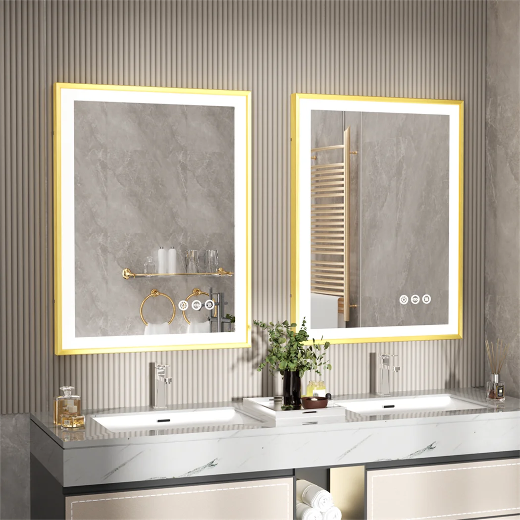 miroir éclairé avec cadre doré et lumières led antibuée à gradation trois couleurs - vue 5 sur 11