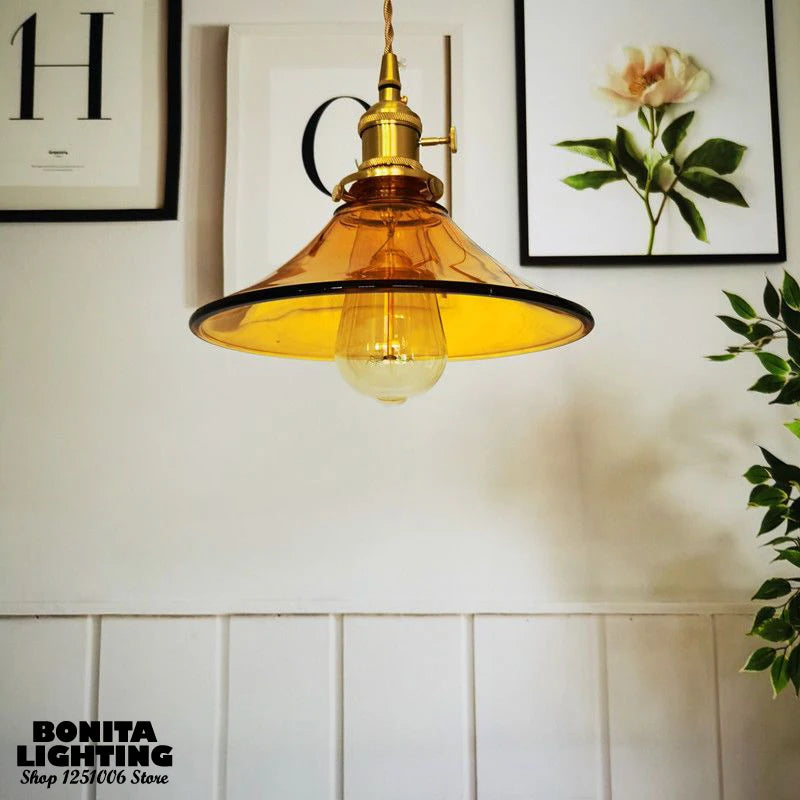 suspension vintage en verre avec base en laiton et interrupteur - vue 4 sur 7