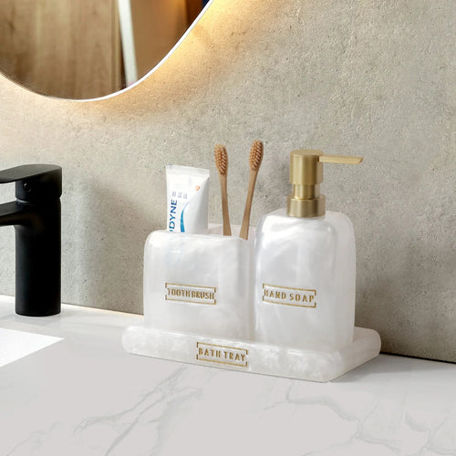 Bathroom Accessories White Pearl Look Bathroom Vanity Countertop Accessory Set,Soap Dispenser,Toothbrush Holder Set,Tray - vue 3 sur 7