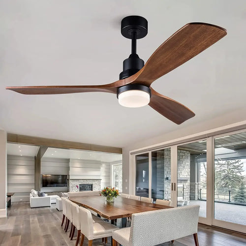 ventilateur de plafond bois 3 pales avec lumière et télécommande - vue 2 sur 8