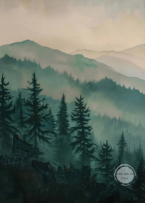Watercolour mountain forest landscape poster wall decor