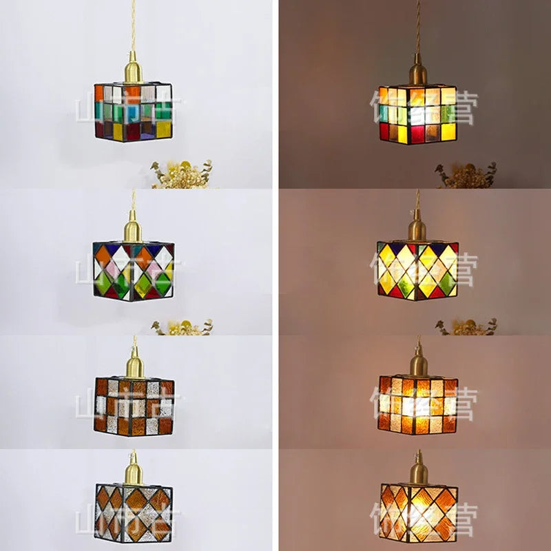 plafonnier cube style tiffany en verre teinté décoration intérieure - vue 7 sur 9