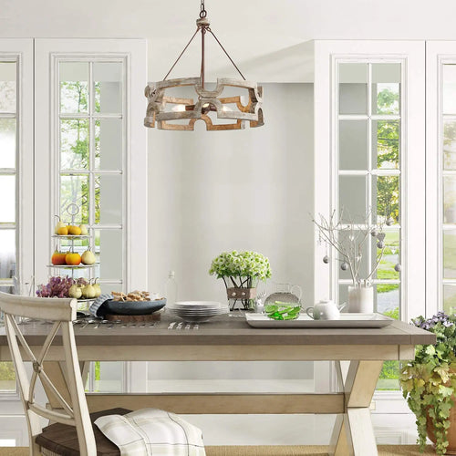 Vintage wooden chandelier for living room, bedroom, kitchen, retro farmhouse pendant light - vue 4 sur 6