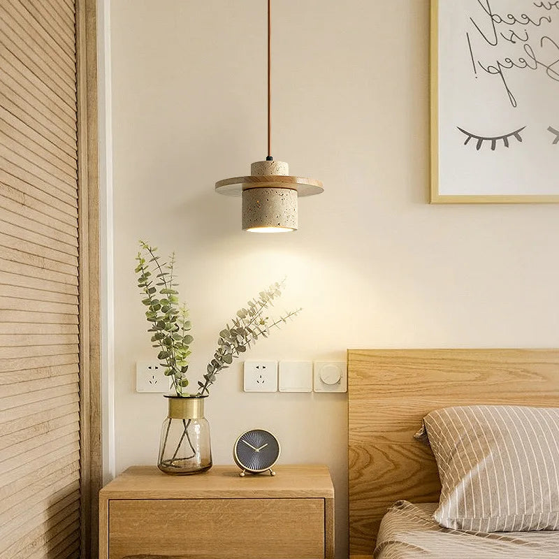 suspension led style minimaliste japonais en noyer et travertin - vue 3 sur 13