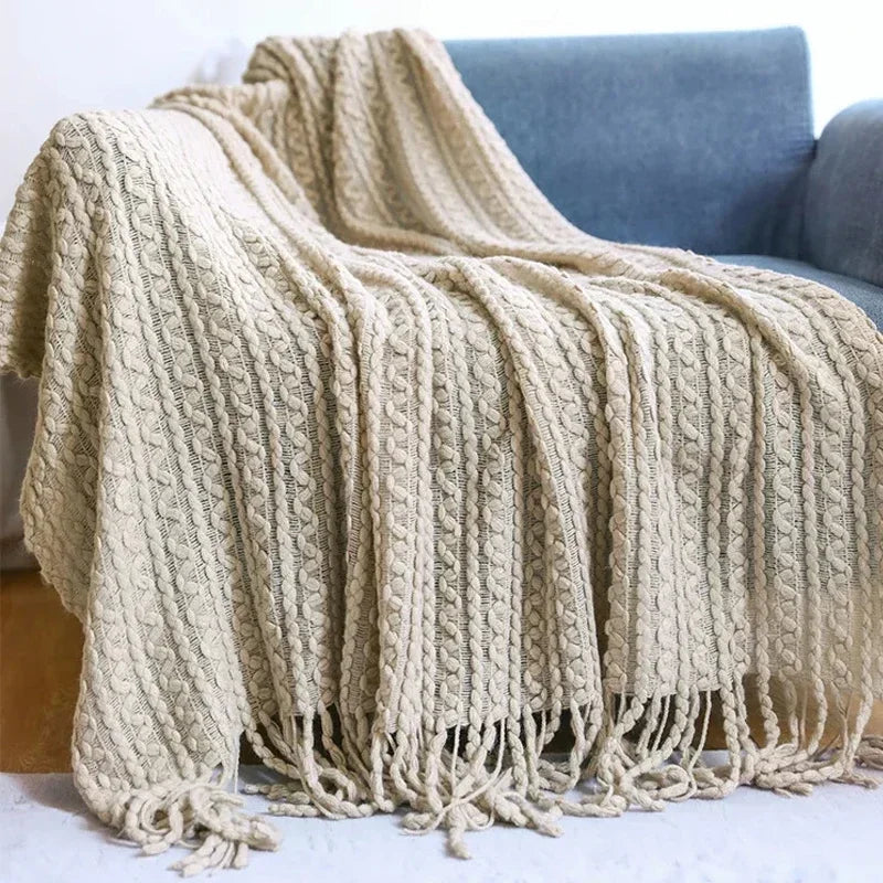 plaid bohème carreaux doux avec pompons pour salon