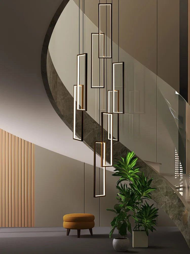 lustre d'escalier minimaliste moderne carré creux duplex grand - vue 5 sur 12