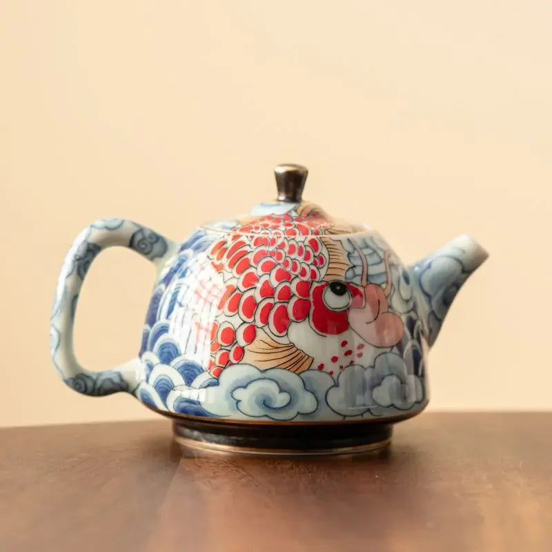 Théière chinoise porcelaine décor sous couverte infuseur artisanal - vue 3 sur 7