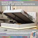 White Upholstered Bed, 140x200cm Double Bed, with Slatted Frame Artificial Leather Cover LED Lighting Hydraulically Liftable Bed