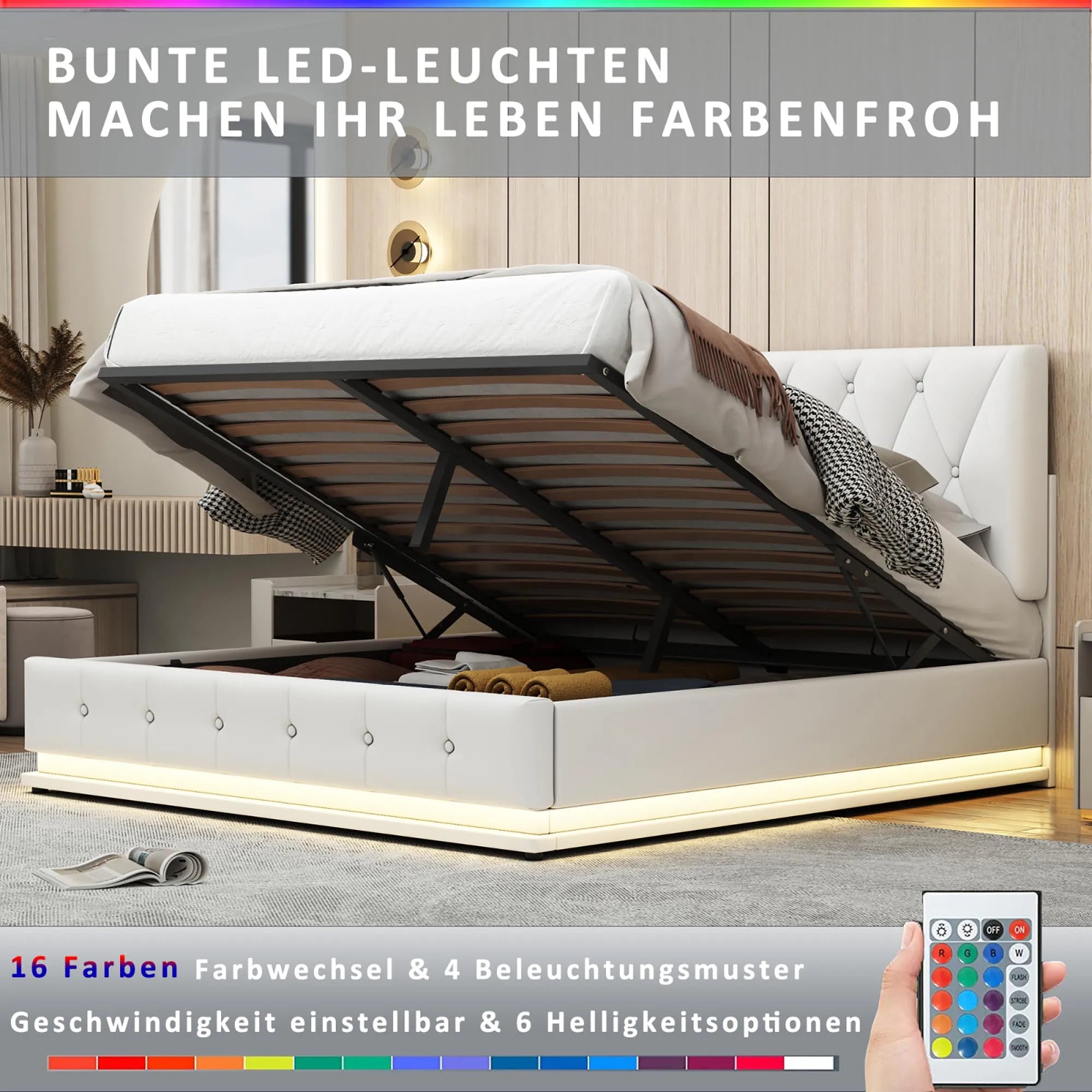 White Upholstered Bed, 140x200cm Double Bed, with Slatted Frame Artificial Leather Cover LED Lighting Hydraulically Liftable Bed - vue 3 sur 6