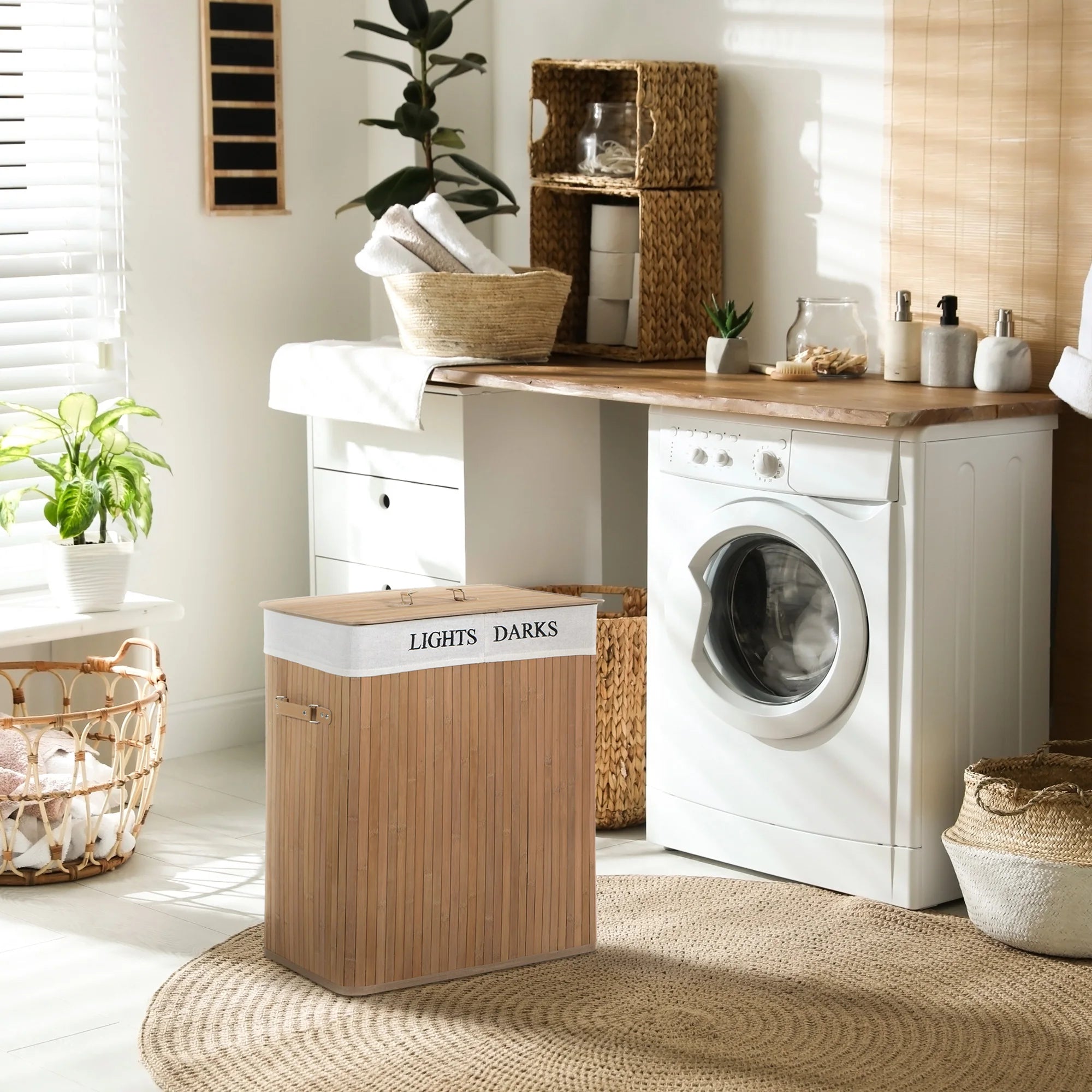 panier à linge en bambou avec deux compartiments amovibles - vue 8 sur 7