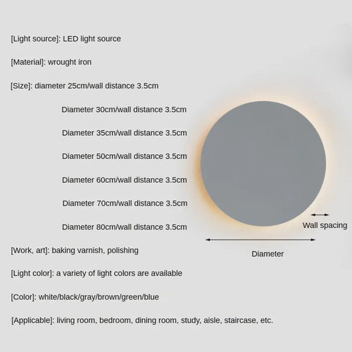 LED minimalism modern wall light for living room, bedroom, hallway, colourful circular iron plate - vue 7 sur 12