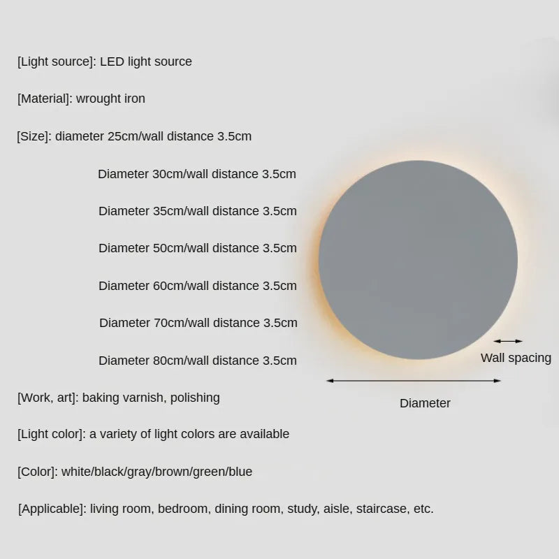 LED minimalism modern wall light for living room, bedroom, hallway, colourful circular iron plate - vue 6 sur 12