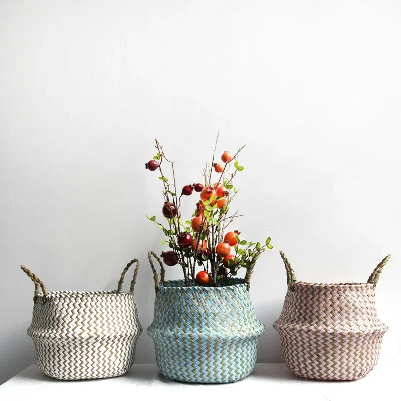 panier de rangement pliable en osier fait main patchwork seagrass - vue 5 sur 8