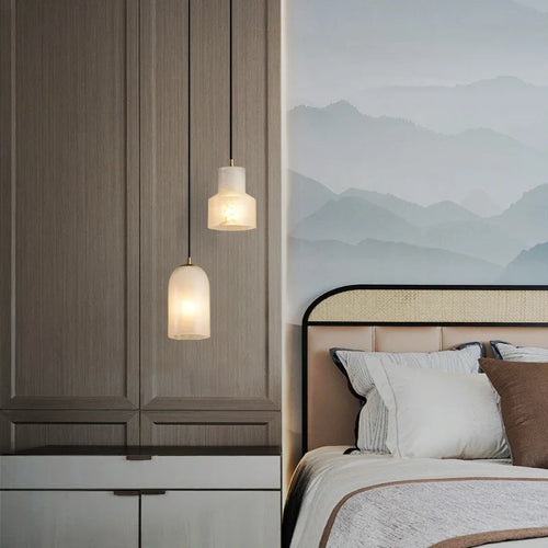 Small Spanish natural marble modern minimalist LED pendant light for dining room and restaurant - vue 4 sur 21