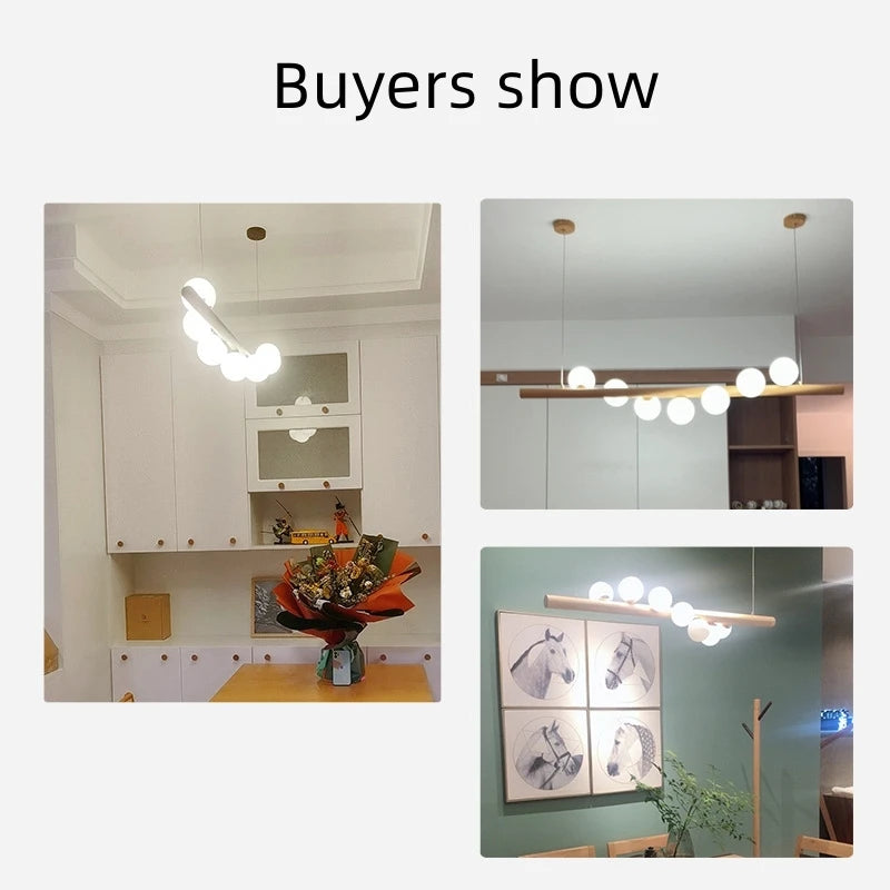 Lustre suspendu en bois massif avec boules de verre blanc lait