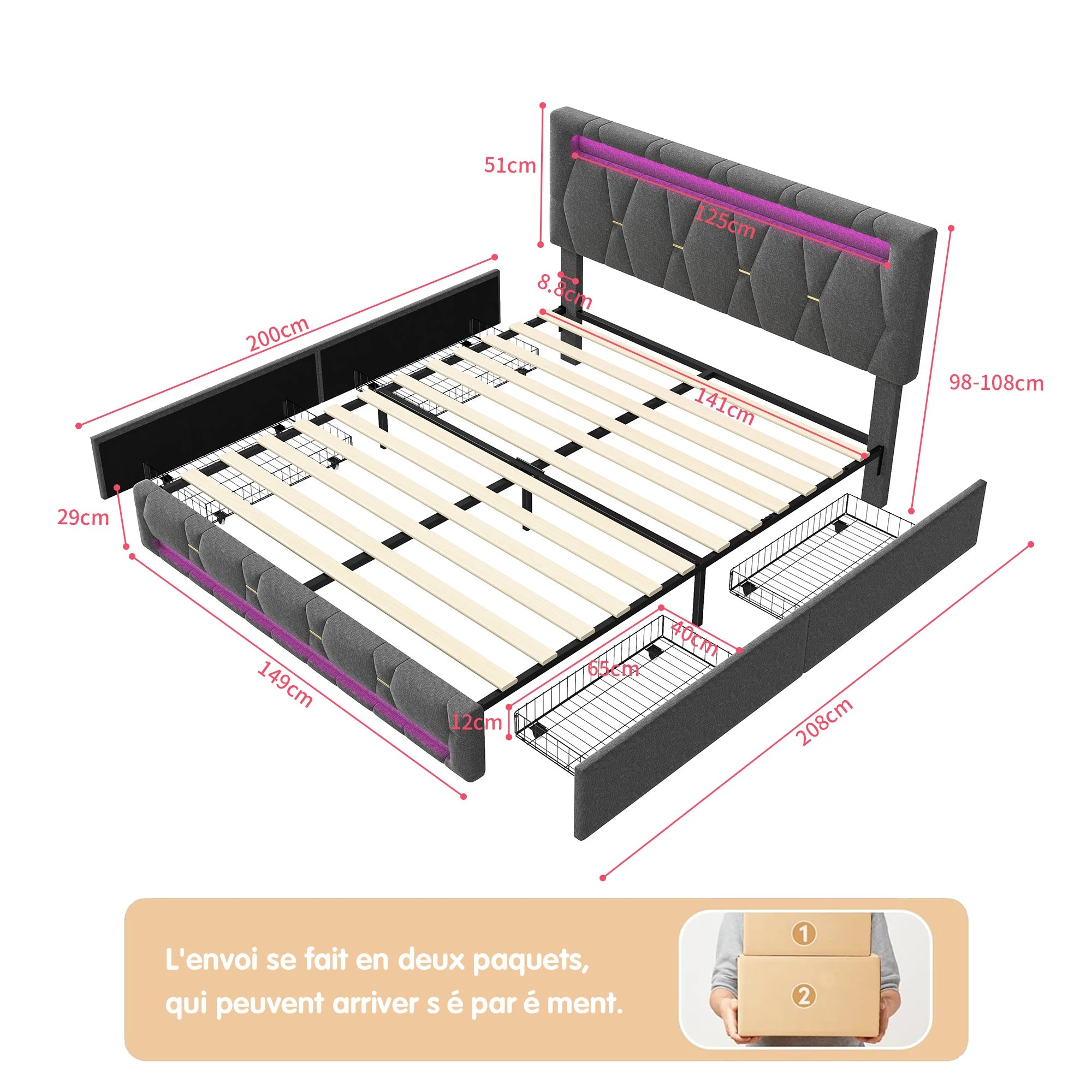 Upholstered Double Bed 140x200cm,LED Bed with 4 Drawers and Adjustable Headboard,Bed Frame with Wooden Slatted Frame,No Mattress - vue 6 sur 7