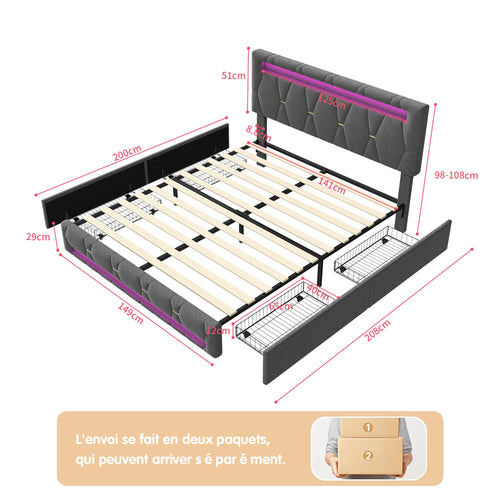 Upholstered Double Bed 140x200cm,LED Bed with 4 Drawers and Adjustable Headboard,Bed Frame with Wooden Slatted Frame,No Mattress - vue 7 sur 7