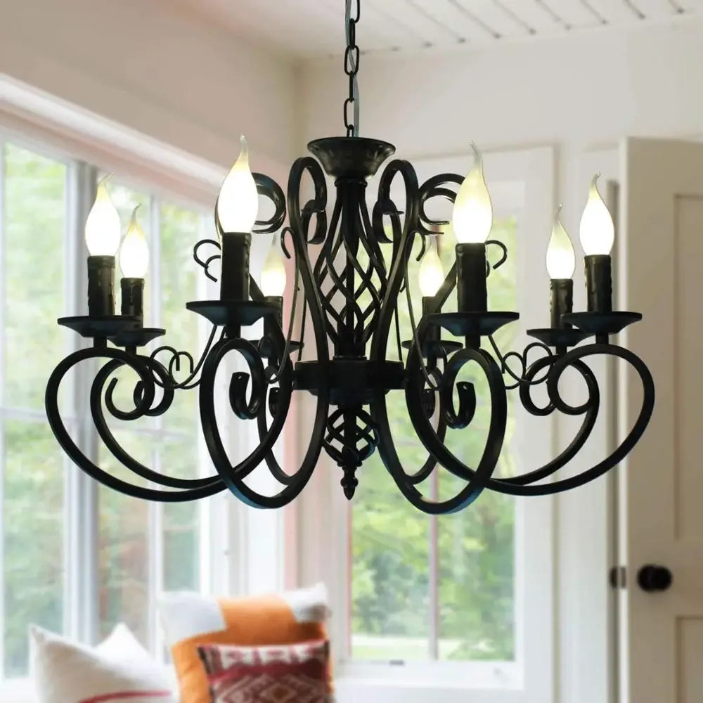 lustre vintage en fer forgé suspension en métal noir - vue 3 sur 8
