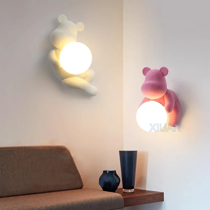 Chrome White Pink Bear Lights Art Design Bedroom Bedside Wall Lamps Resin Animal Glass Sconces Living Room Decorative Wall Light - vue 2 sur 18