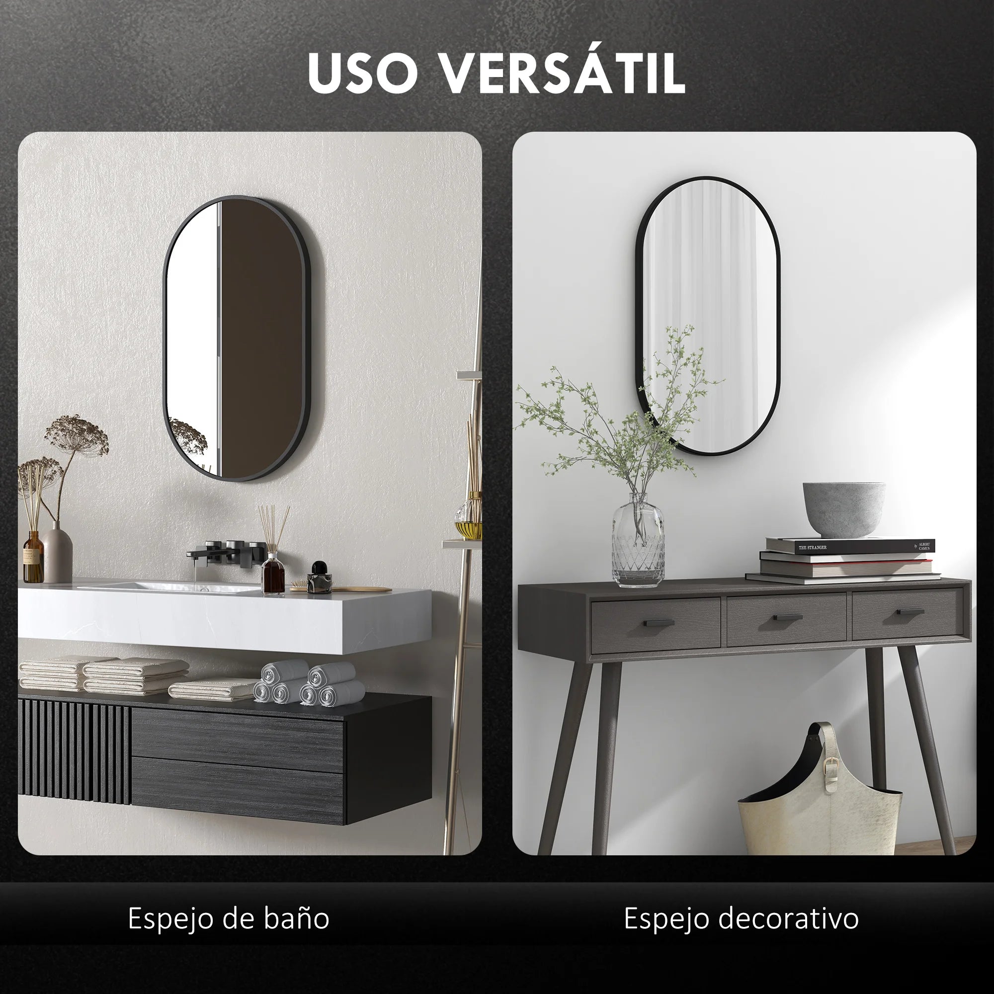 miroir ovale avec cadre en aluminium noir pour décoration intérieure - vue 5 sur 7