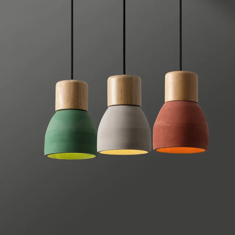 4 colour nordic loft style E27 wood and cement pendant light for living room, restaurant, cafe or bedroom – modern colourful ceiling lamp - vue 5 sur 10