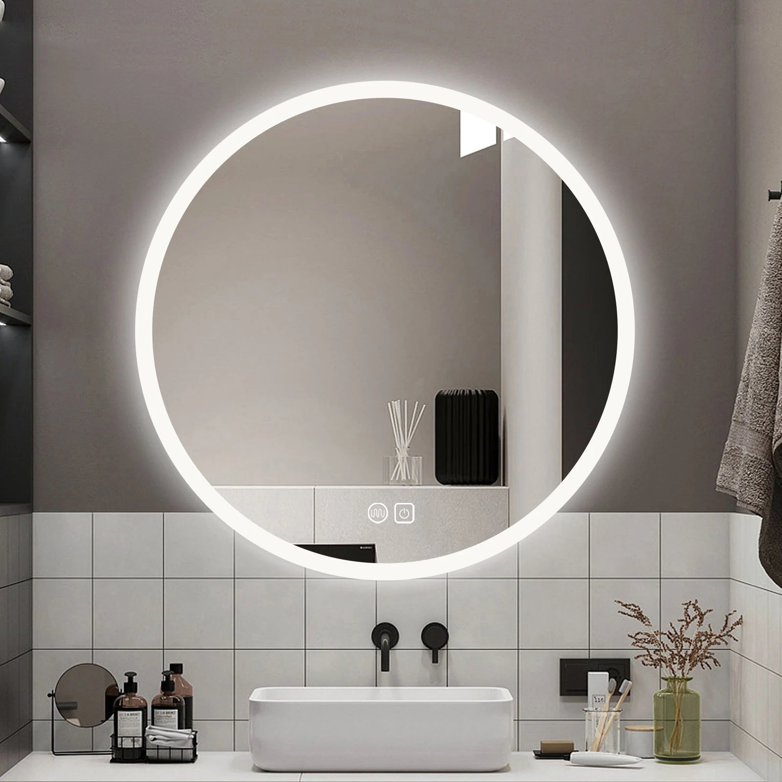 miroir rond lumineux avec interrupteur tactile et fonction antibuée - vue 5 sur 7