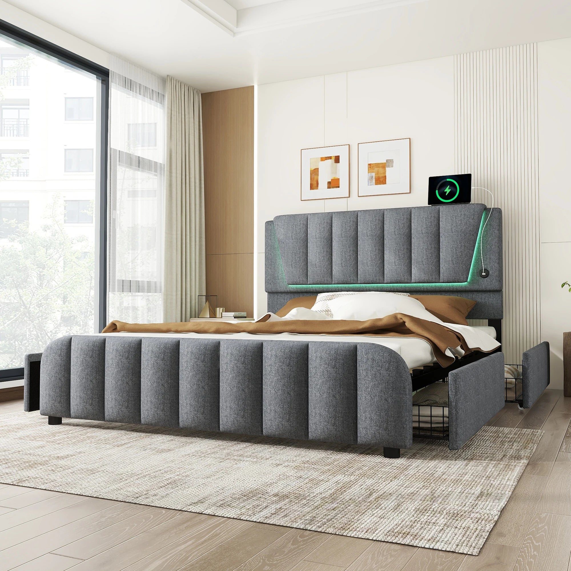 160x200cm, bed with slatted frame (without mattress), bed with four drawers, Adjustable headboard, Linen, Minimalist, Grey - vue 3 sur 6