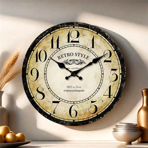 1pc retro wooden wall clock, wall clock designed by Paris watchmaker, non-ticking round silent clock, suitable for living room b - vue 3 sur 7