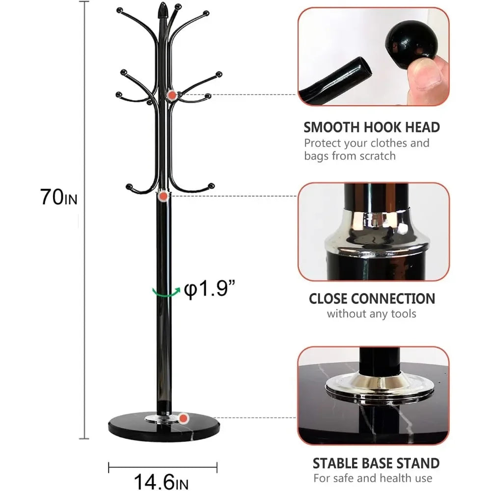 Metal Coat Rack Stand with Natural Marble Base, Free Standing Hall Tree with 12 Hooks for Hanging Scarf, Bag, Jacket - vue 6 sur 9