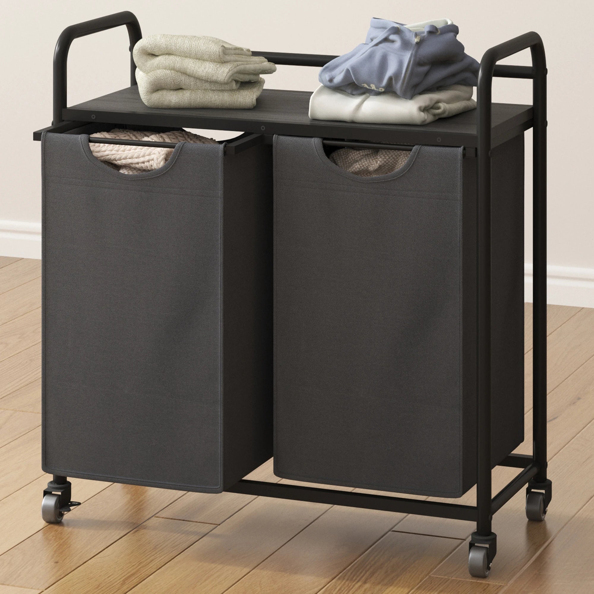 Laundry Basket, 2 Compartments, 2 x 46L, Laundry Hamper with 1 Shelf, Laundry Sorter, Laundry Bag, Extendable and Removable, Per - vue 4 sur 9
