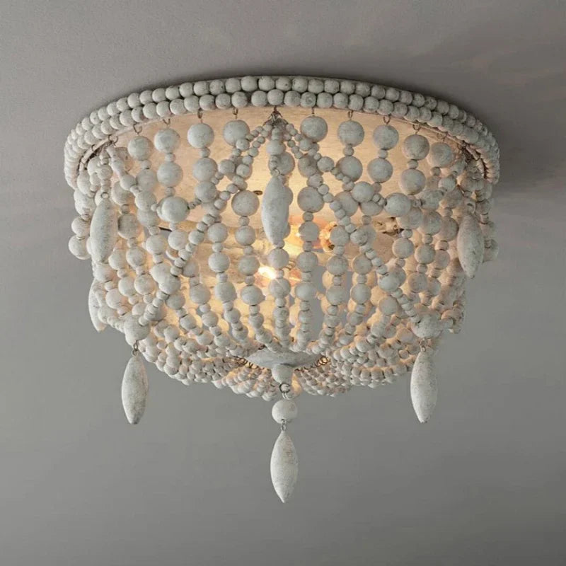 French Style Retro Pendant Lights For Living Room  Bedroom Children'S Room Princess White Wood Bead Decorative Indoor Lighting - vue 3 sur 9