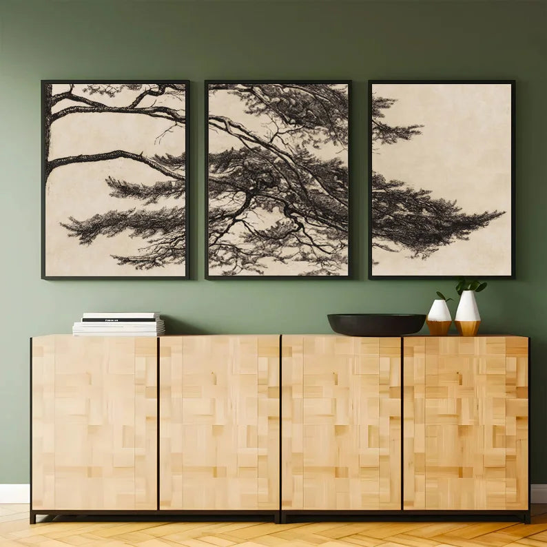 triptyque vintage rustique branche de pin toile décoration murale