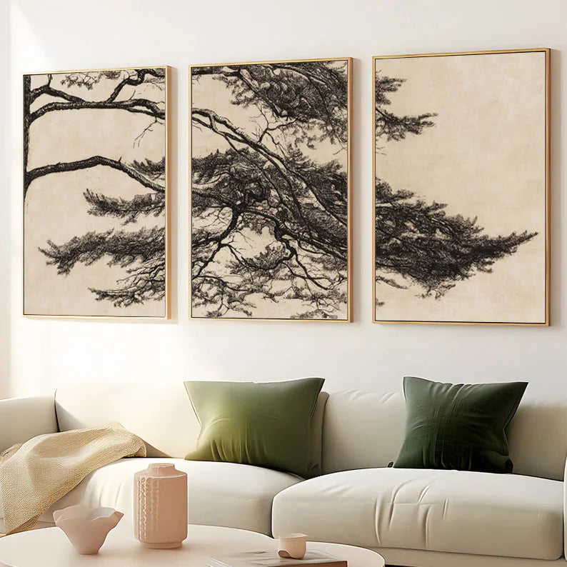 Vintage rustic pine branch triptych canvas wall art - vue 4 sur 7