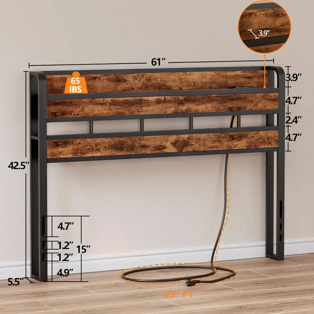 Queen Size Headboard with Storage Shelf and LED Light, USB Port and Charging Station, Sturdy Metal Frame & Wood Shelf - vue 6 sur 6