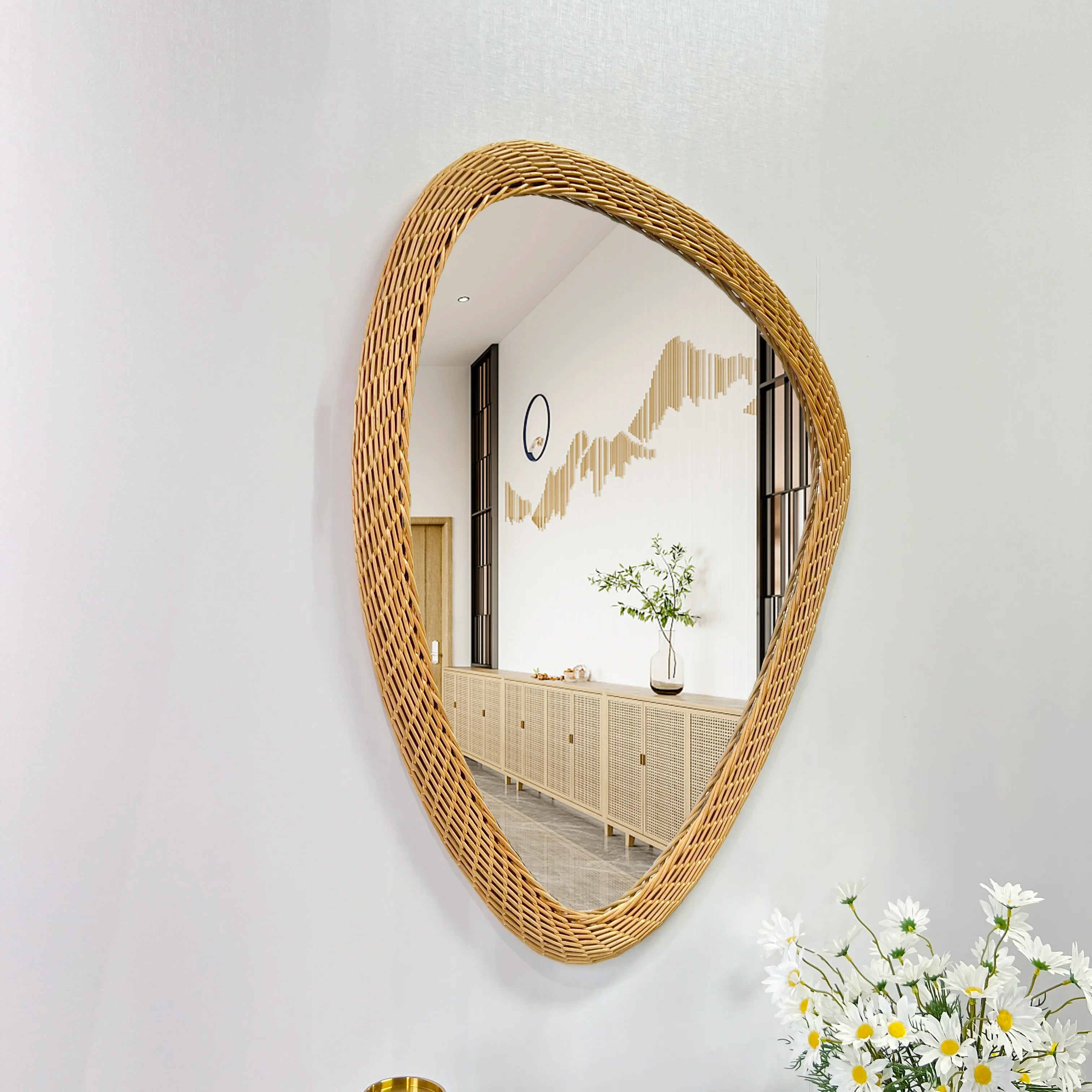 miroir bohème tissé en rotin fait main décoration artisanale - vue 3 sur 6