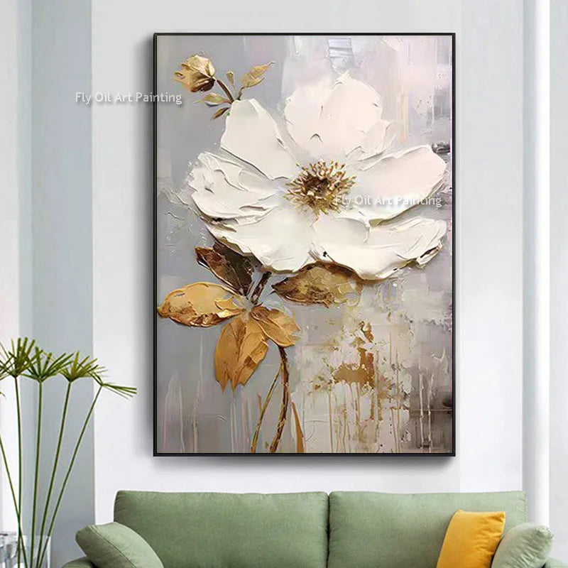 Tableau peinture à l'huile épaisse fleurs blanches abstraites décoration murale luxe - vue 9 sur 11