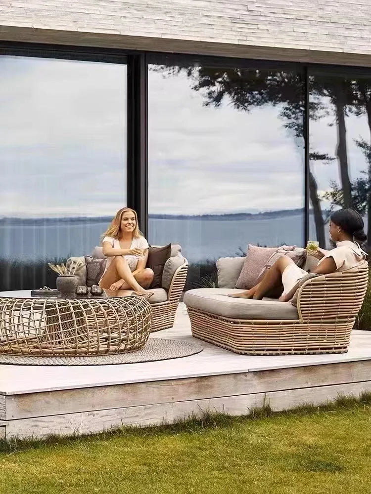 canapé extérieur en teck avec table basse et lit - vue 3 sur 24