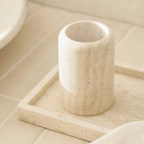Natural Beige Travertine Marble Stone Toothbrush Washing Storage Cup, Small Vase, Ornaments, Yellow, Tray, D7.5 X H12 cm - vue 2 sur 7