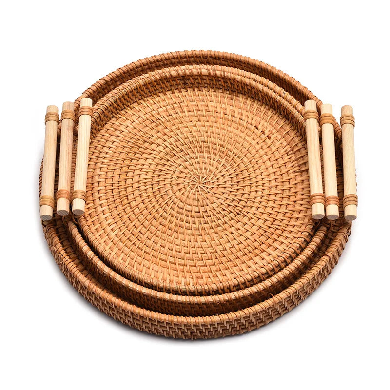 HEMU-Round Rattan Tray, Storage Basket, Tray with Wooden Handle, Bread, Fruit, Cake, Food Plate, Serving Tray for Home Kitchen - vue 5 sur 8